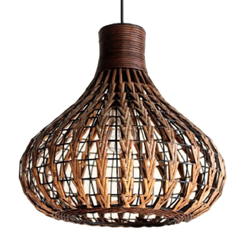 1 Light Teardrop Pendant Lamp Rustic Ribbed  Rattan Hanging Lamp for Dining Room Table