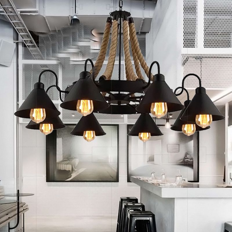 Black Wagon Wheel Hanging Chandelier Industrial Rope Restaurant Ceiling Hung Fixture