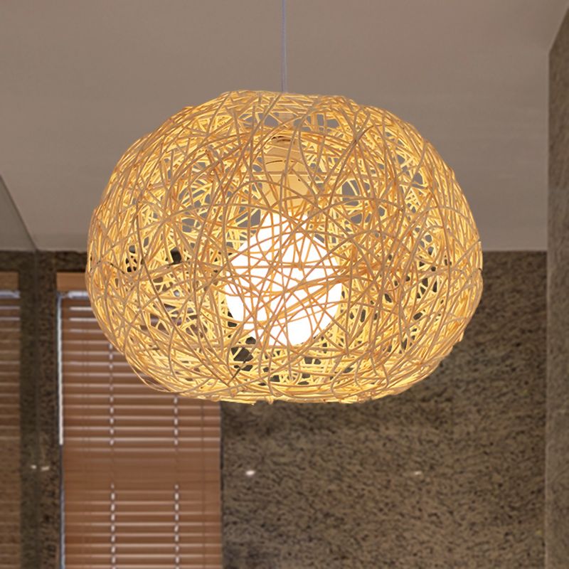 Brown/Ivory Bird‘s Nest Hanging Light Farmhouse Rattan Single Pendant Lamp over Table