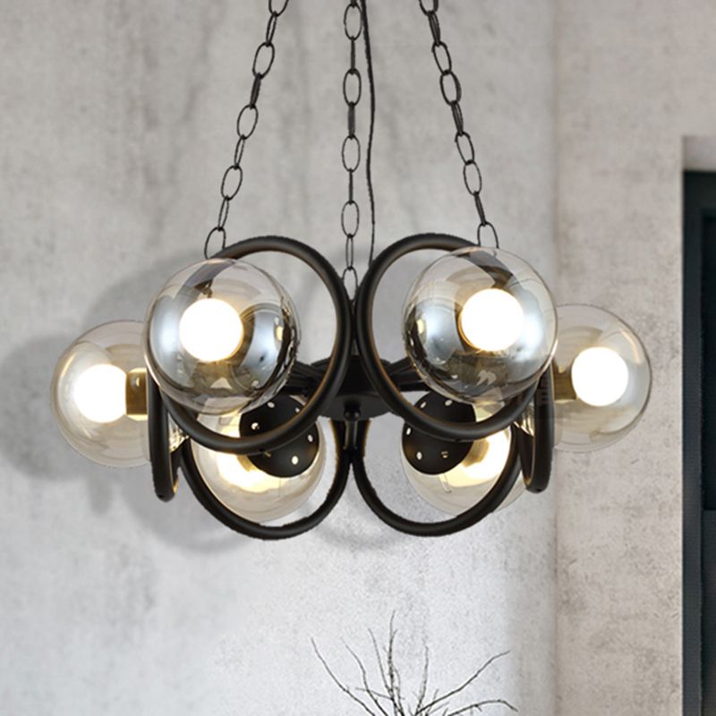 Black Ring Chandelier Lamp Industrial Clear Glass 6-Light Living Room Hanging Light with Globe Shade