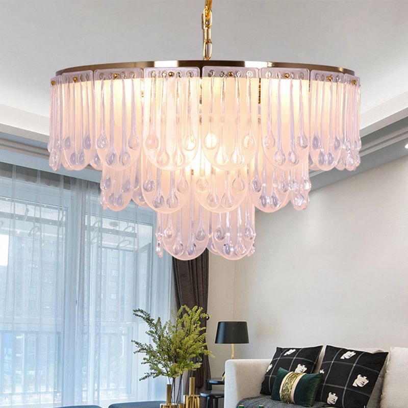 16"/23.5" W Frosted Glass Tiered Chandelier Light Modernist 3/8 Lights Hanging Lamp with Metal Chain in Gold