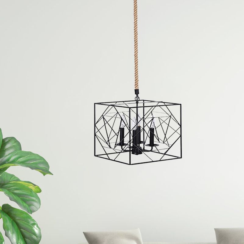 4 Heads Metallic Chandelier Lamp Warehouse Black Cubic Frame Dining Room Pendant with Candlestick Design