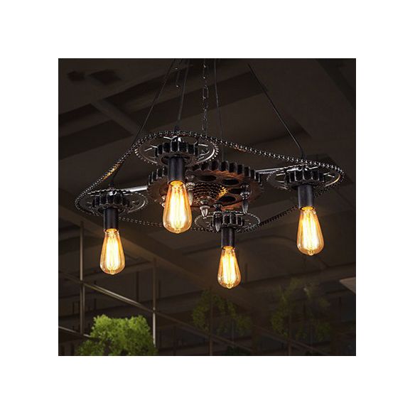 Black Finish 4 Heads Ceiling Fixture Industrial Style Metallic Bare Bulb Pendant Light with Gear Deco