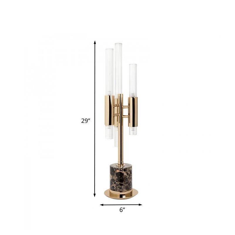 Fluted Glass Trident LED Table Light Mid-Century Hotel Nightstand Lamp with Cylinder Base in Gold