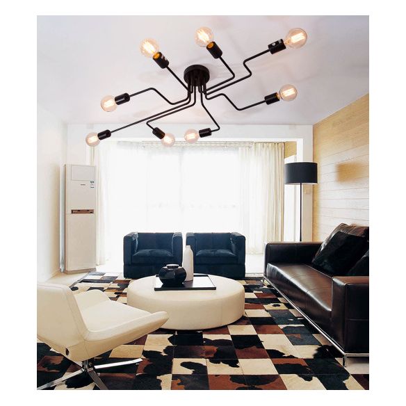 Black Sputnik Semi Flush Mount in Industrial Vintage Style Affermazione Luce con gambo metallico per camera da letto