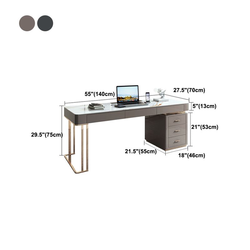 Grey Office Desk Mirrored Rectangular Drawers Storage Desk with Metal Leg