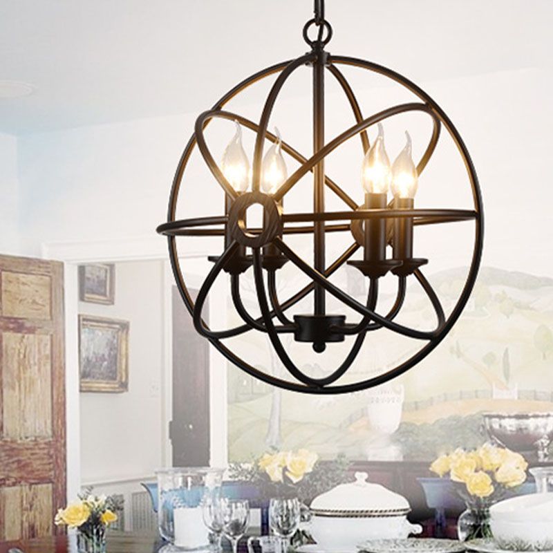 Metal Black Chandelier Pendant Light Round Industrial-Style Ceiling Hung Fixture