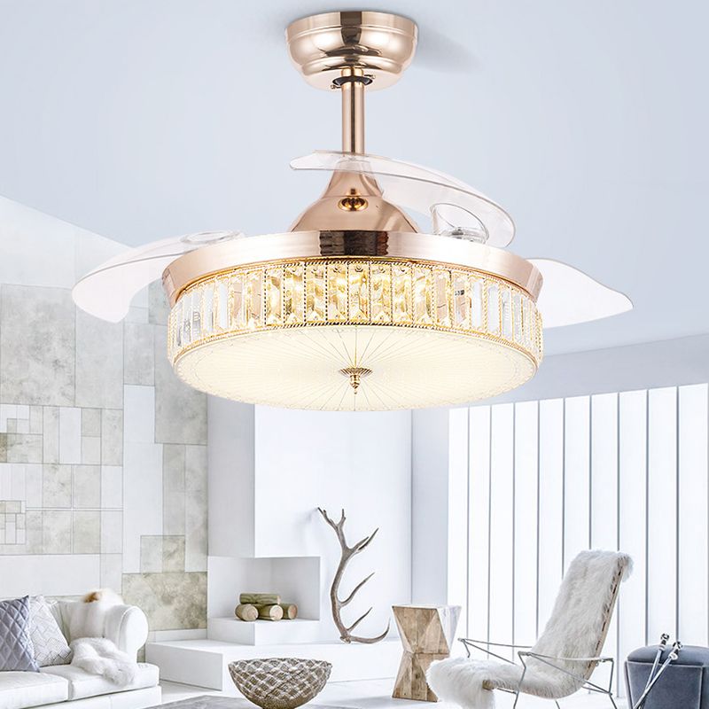 Chrome / Gold LED Crystal Ceiling Fan Fixture Minimalist Drum Fna Lighting Ceiling