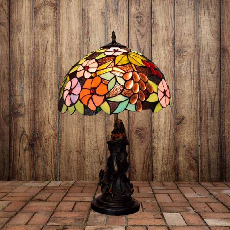 Tiffany Glass Grapes Table Lamp Baroque 1-Bulb Brown/Green/White-Brown Night Stand Light with Girl Base