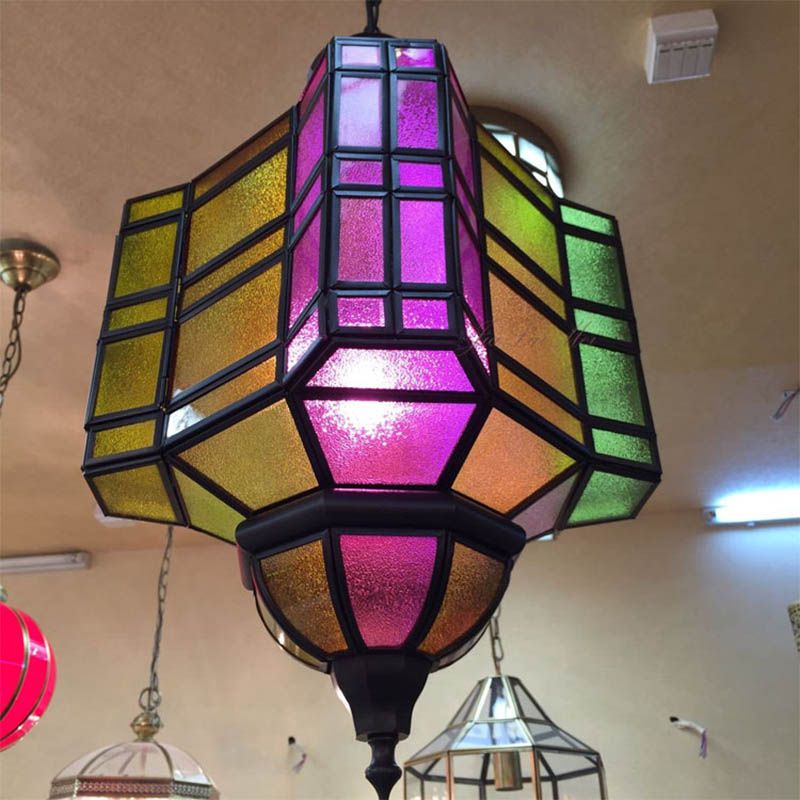 Lantern Restaurant Ceiling Light Antiqued Metal 1 Head Purple Suspension Hanging Lamp