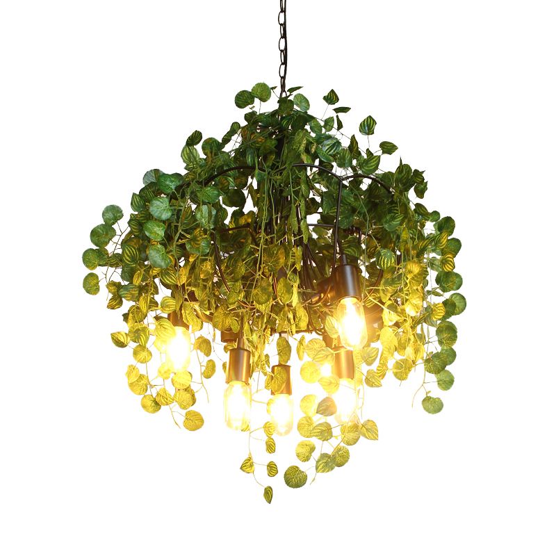 Green Exposed Bulb Ceiling Chandelier Loft Iron 6 Heads Restaurant Drop Pendant with Plant Decor