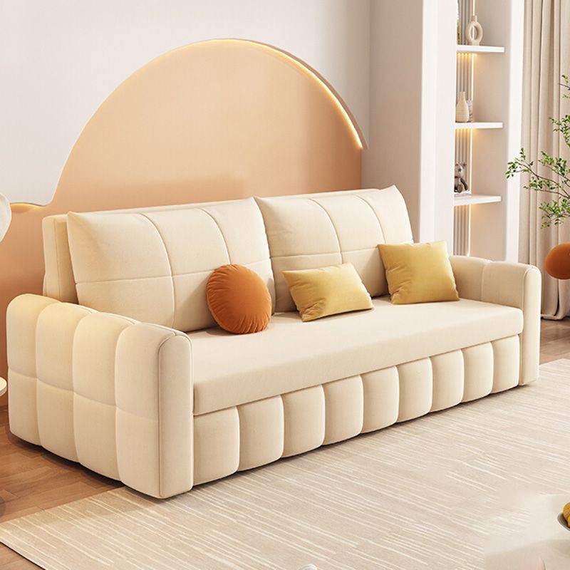 Glam Sofa Bed Square Arms Convertible Sofa in Beige Fabric Upholstery