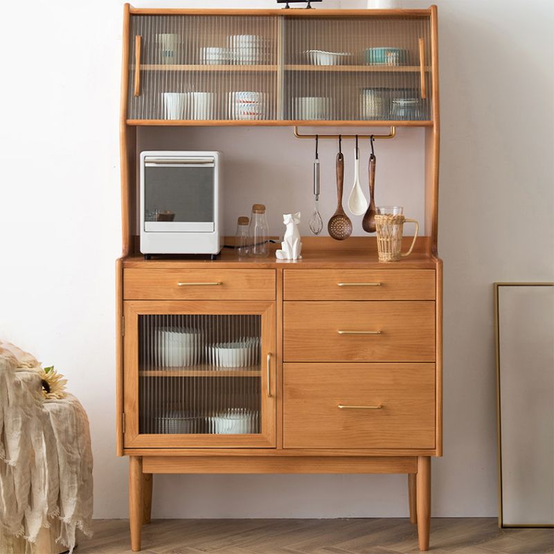 Modern Dining Hutch Pine Sliding Doors Storage Cabinet with Drawers