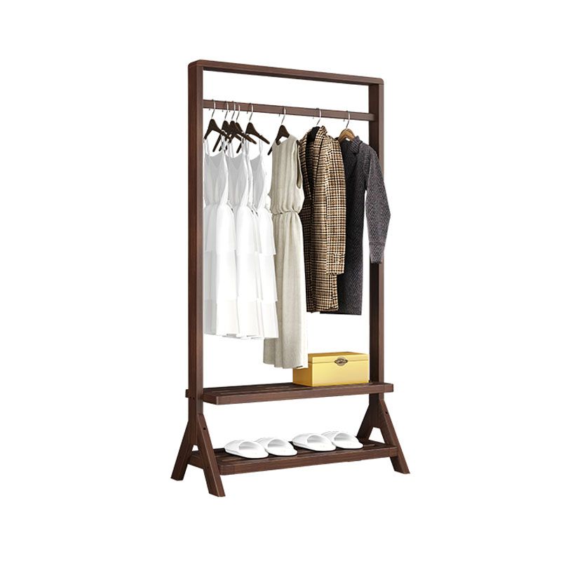 Contemporary Style Coat Hanger Solid Wood Double Shelves Coat Rack for Living Room