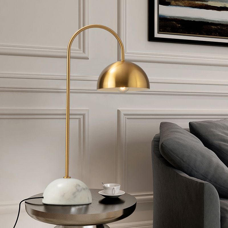 Metallic Dome Nightstand Lamp Minimalist 1 Bulb Brass Night Lighting with Curved Arm