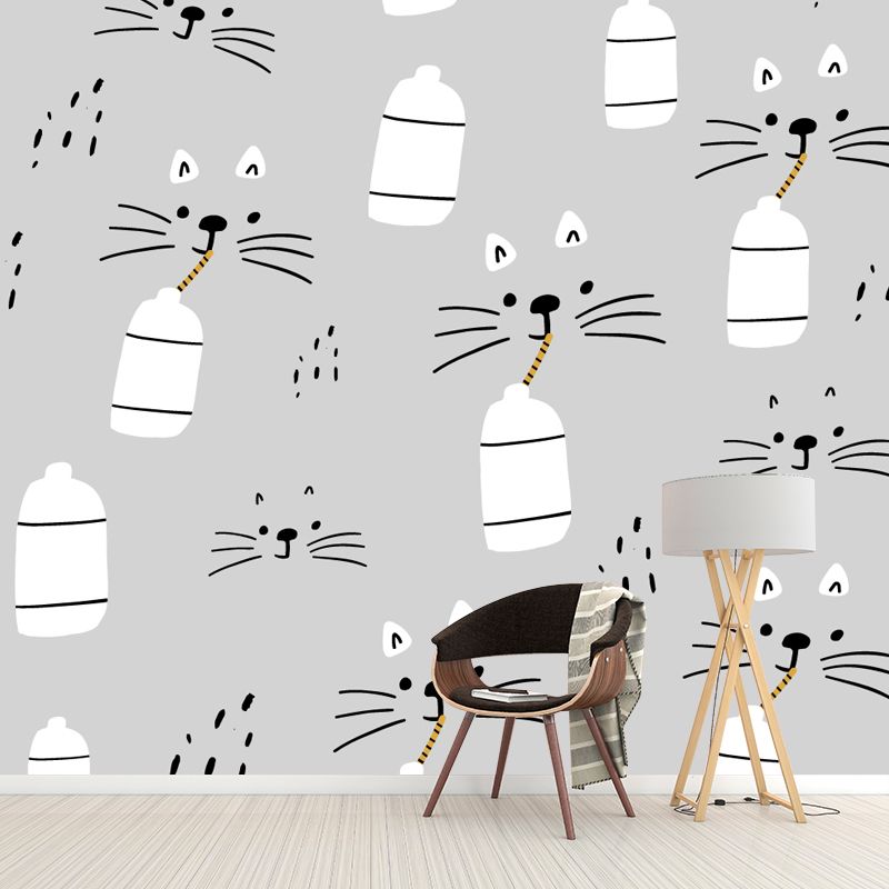 Cartoon Cat Drinking Milk Mural Decal Grey Water Resistant Wall Decor for Baby Room