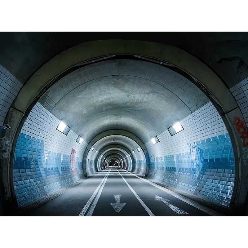 3D Effect Extensive Tunnel Mural in Grey and Blue, Industrial Wall Art for Meeting Room