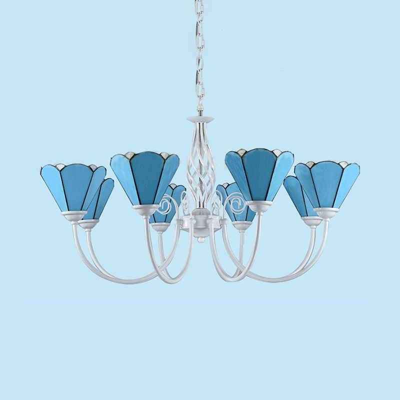 Multi Light Conical Chandelier with White Gooseneck Traditional Blue Glass Ceiling Pendant for Living Room