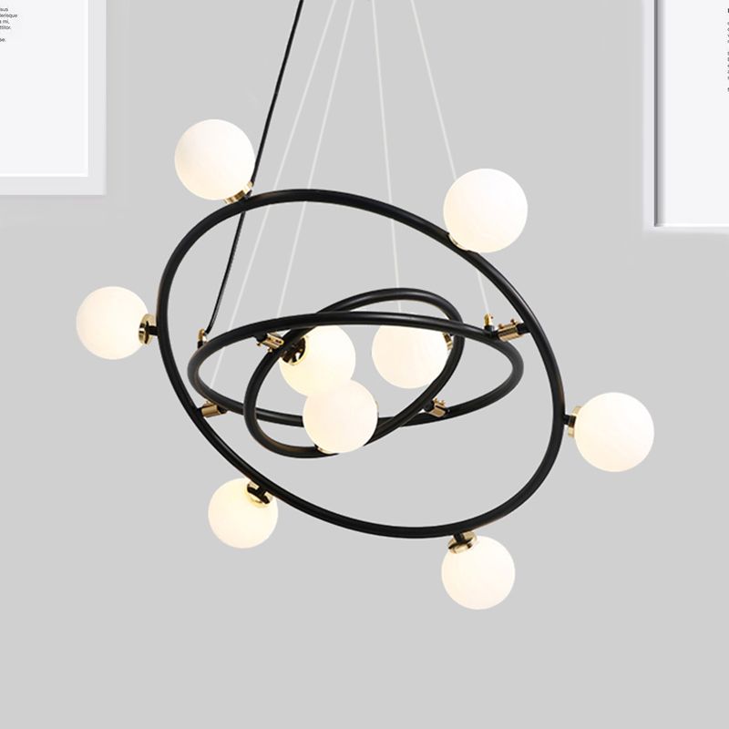 Contemporary Style 9/12/15 Lights Chandelier Black Round Suspension Light with Opal Glass Shade