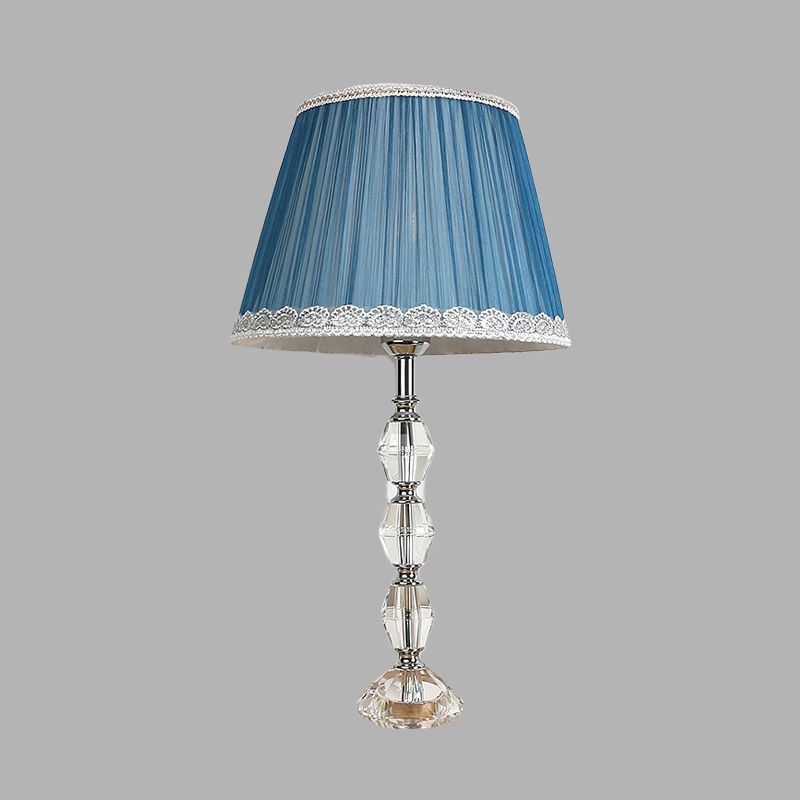 Tapered Bedroom Table Light Traditional Fabric 1 Light Blue Night Lamp with Crystal Ball Deco