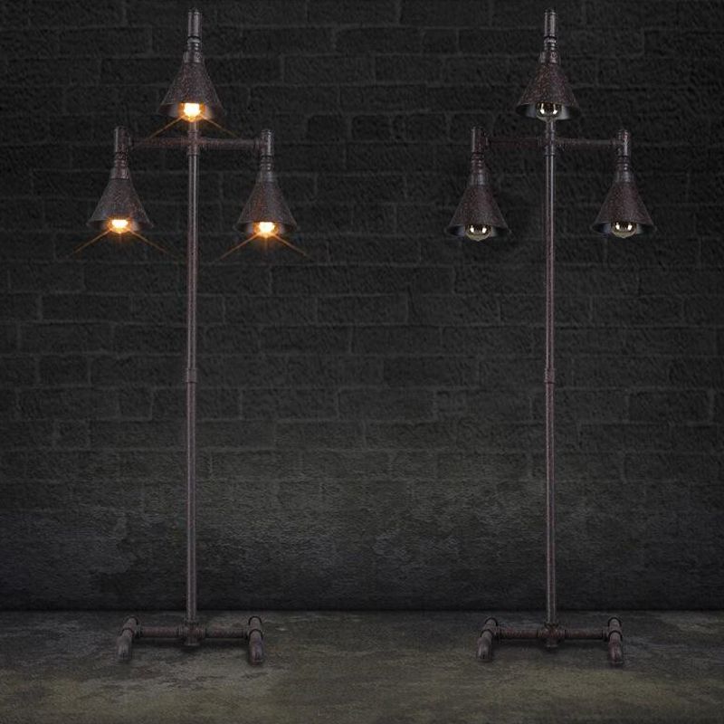 3-Light Iron Floor Light Antique Style Dark Rust Conical Shade Indoor Floor Lamp with Pipe Design