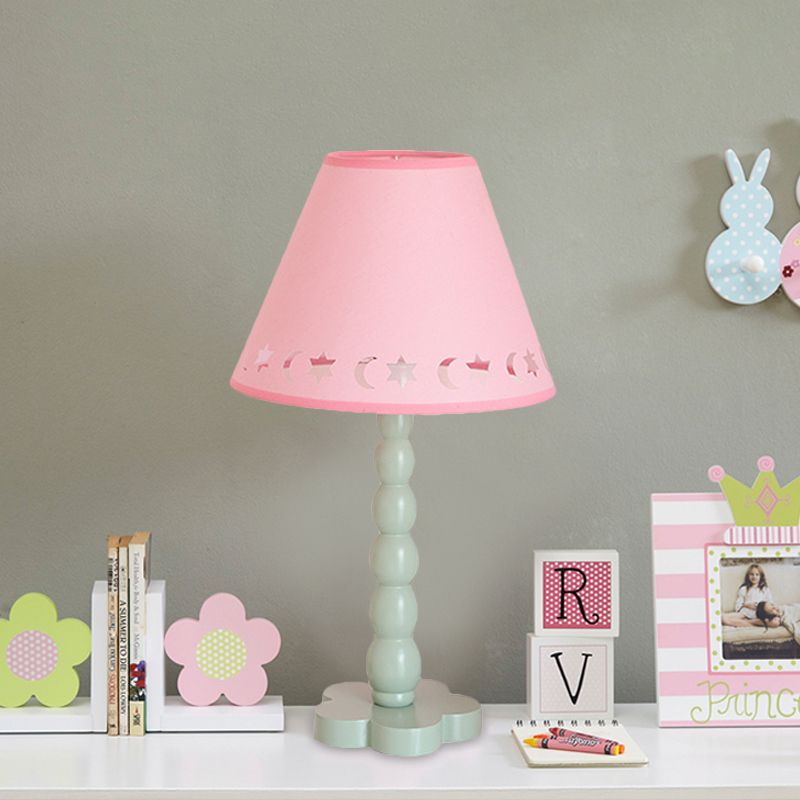 Kids Cone Table Lamp Fabric 1 Light Bedroom Night Light with Cutout Design and Wood Base in Pink/Pink and White/Pink and Green