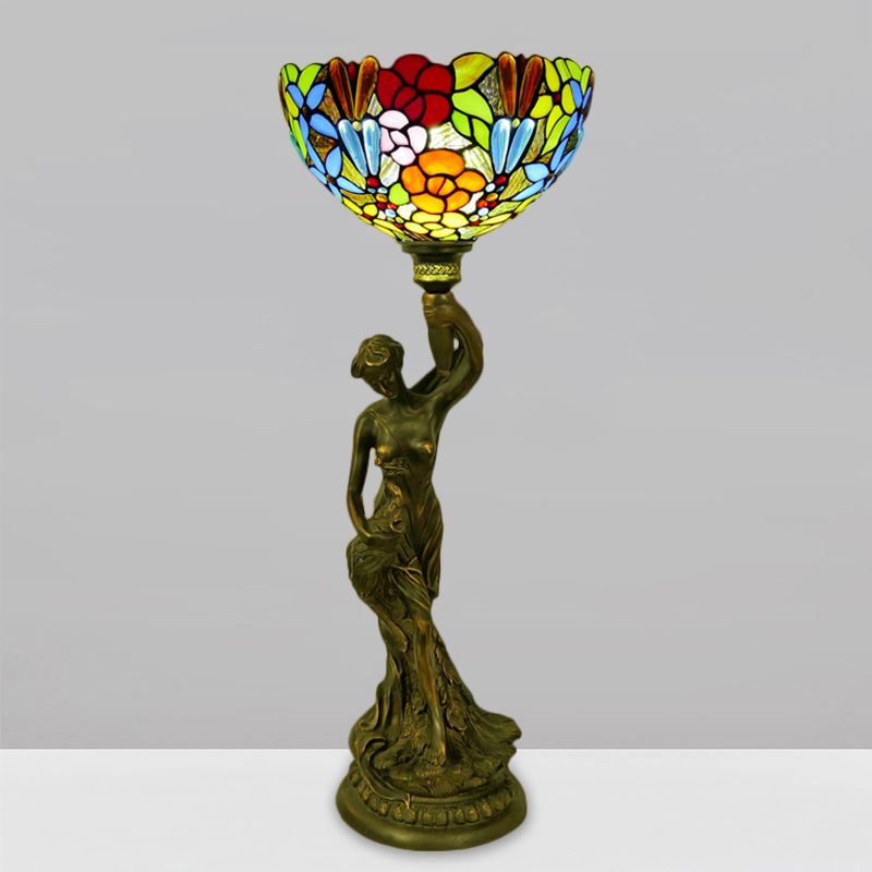 Table de bol Éclairage 1 tête en vitrail Petal baroque / libellule lampe de nuit à motifs en laiton avec résine Naked Woman Base