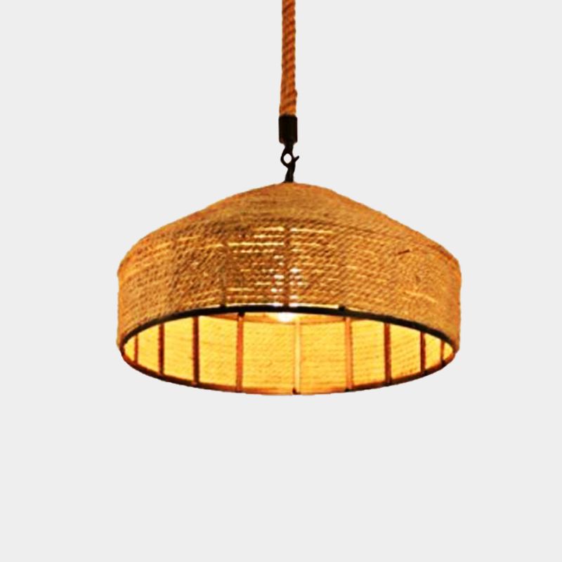 Beige 1-Head Pendant Light Fixture Antiqued Rope Mongolian Yurts Shape Hanging Ceiling Lamp with Hand Woven Design, 12"/16"/19.5" Wide