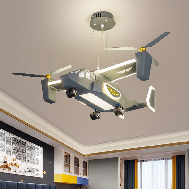 Helicopter Figure Chandelier Lighting Cartoon Style Metal LED Boy Room Ceiling Pendant Light in Grey