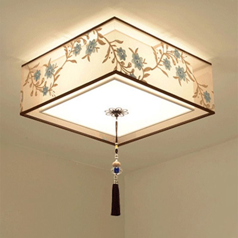 Geometry Shape Ceiling Lamp Tradition Iron Flush Mount with Fabric Lampshade for Hotel