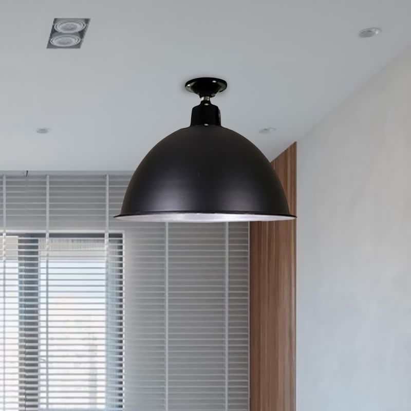 Loft Style Dome Plafondverlichting 1"/14" Breedte Metaal Semi Flush Mount Licht in Zwart voor Eetkamer, 12"/14" Breedte