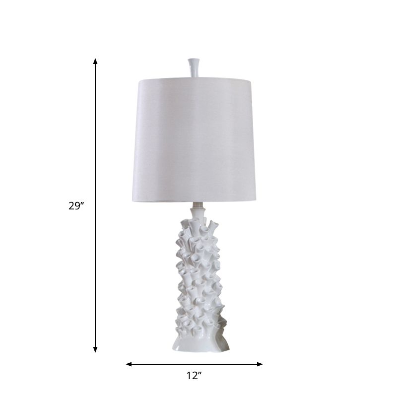 Barrel Shade Night Table Lamp Antiqued 1 Head Fabric Desk Light in White with Resin Base