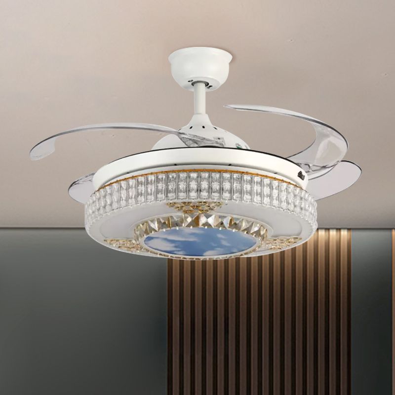 Eenvoudige LED-hangende ventilatorlamp Witte cirkel 4-blade semi-spoellamp met kristalschaduw, 19 "breedte