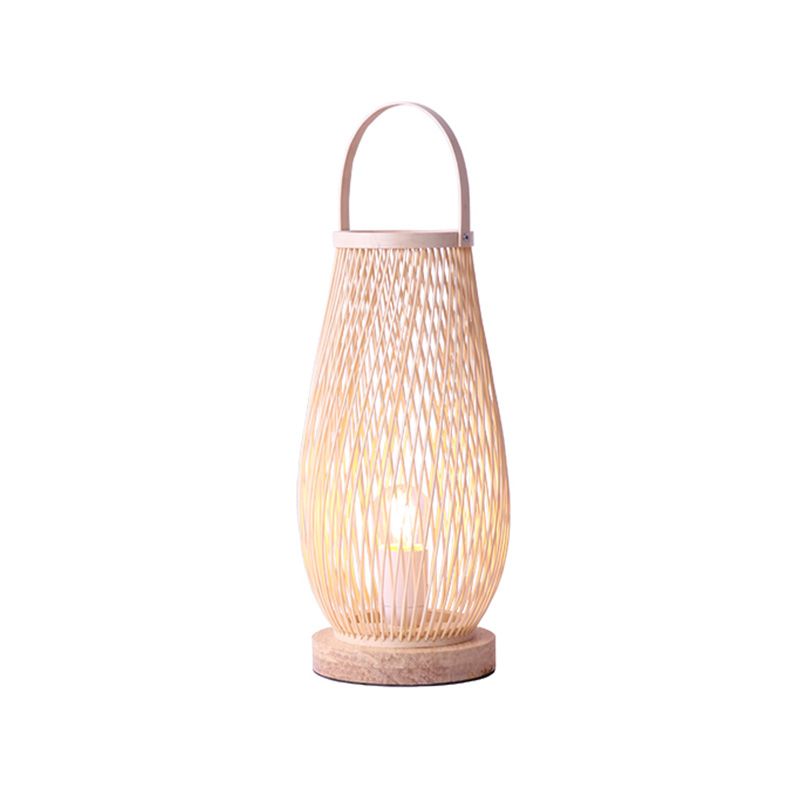 Single Bulb Bedroom Table Lamp Asian Style Beige Curved Handle Desk Lighting with Basket Bamboo Shade