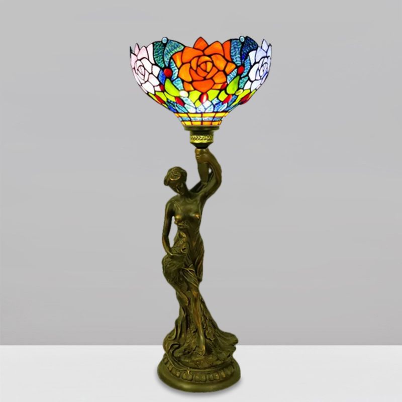 Table de bol Éclairage 1 tête en vitrail Petal baroque / libellule lampe de nuit à motifs en laiton avec résine Naked Woman Base