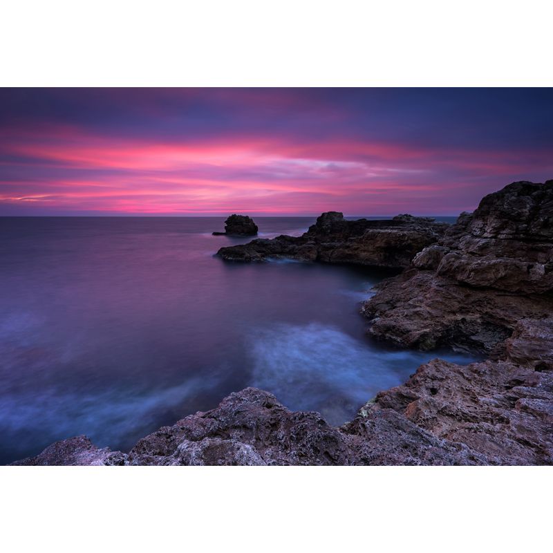 Purple-Blue Tropical Wall Mural Whole Sea with Rock Bay at Dusk Wall Art for Bedroom