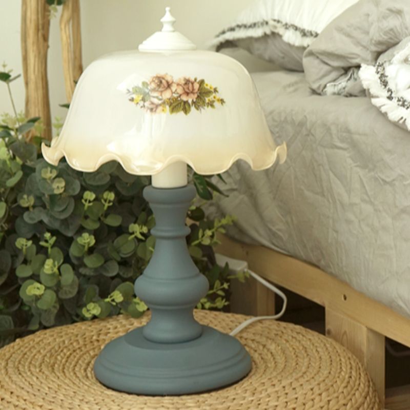 Blue 1 Head Floral Nightstand Lamp Minimalism Opal Glass Dome Table Lighting with Baluster Base