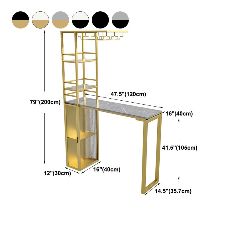 Modern Iron Bar Dining Table Stone Top Rectangle Indoor Bistro Table with Wine Rack