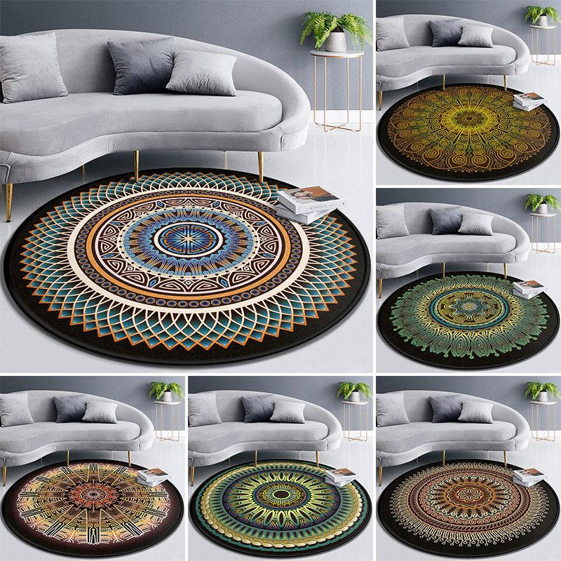 Multicolor Concentric Round Rug Polypropylene Moroccan Rug Non-Slip Washable Pet Friendly Carpet for Living Room