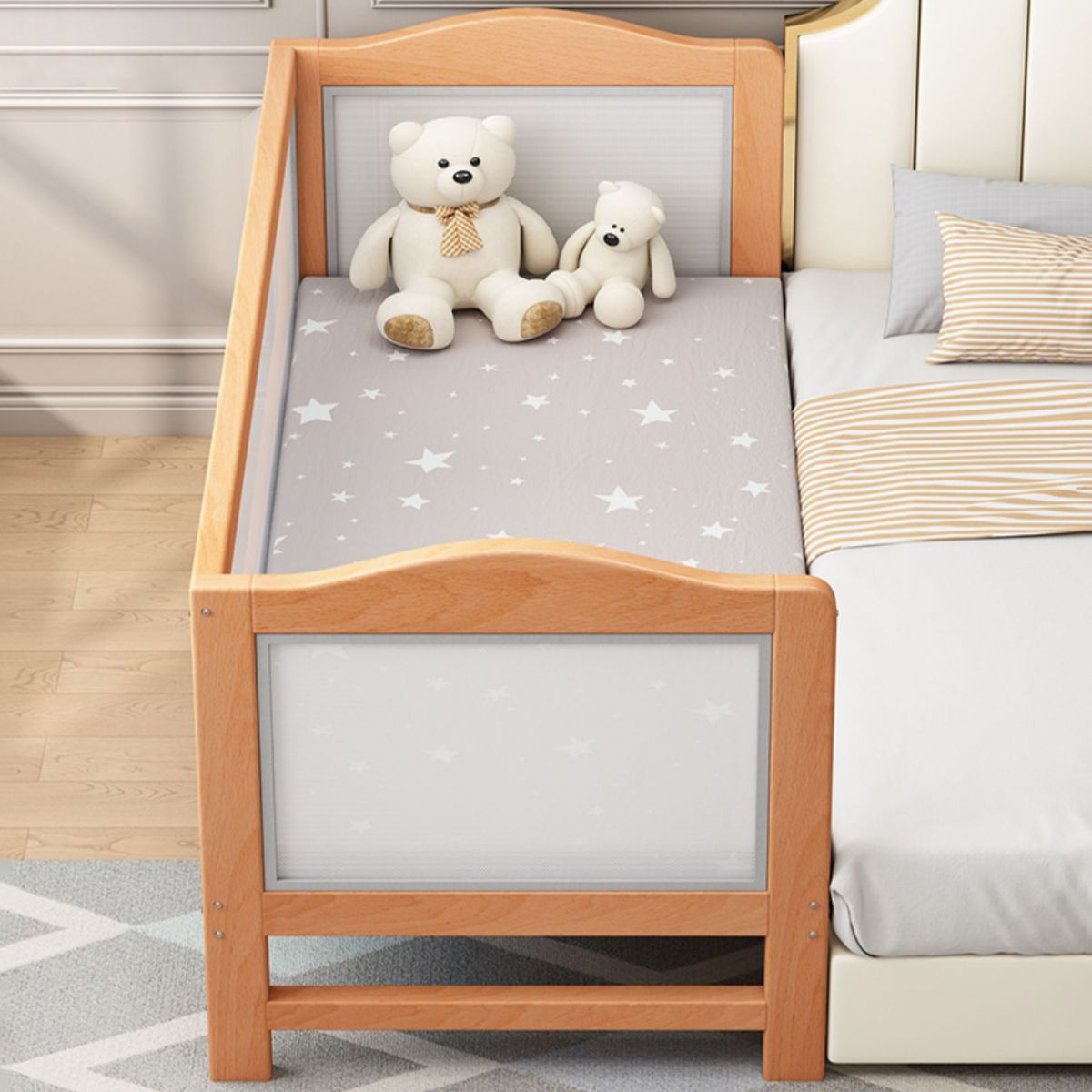 Modern Beech Wood Crib in Light Wood, Standard Size Nursery Crib with Guardrail