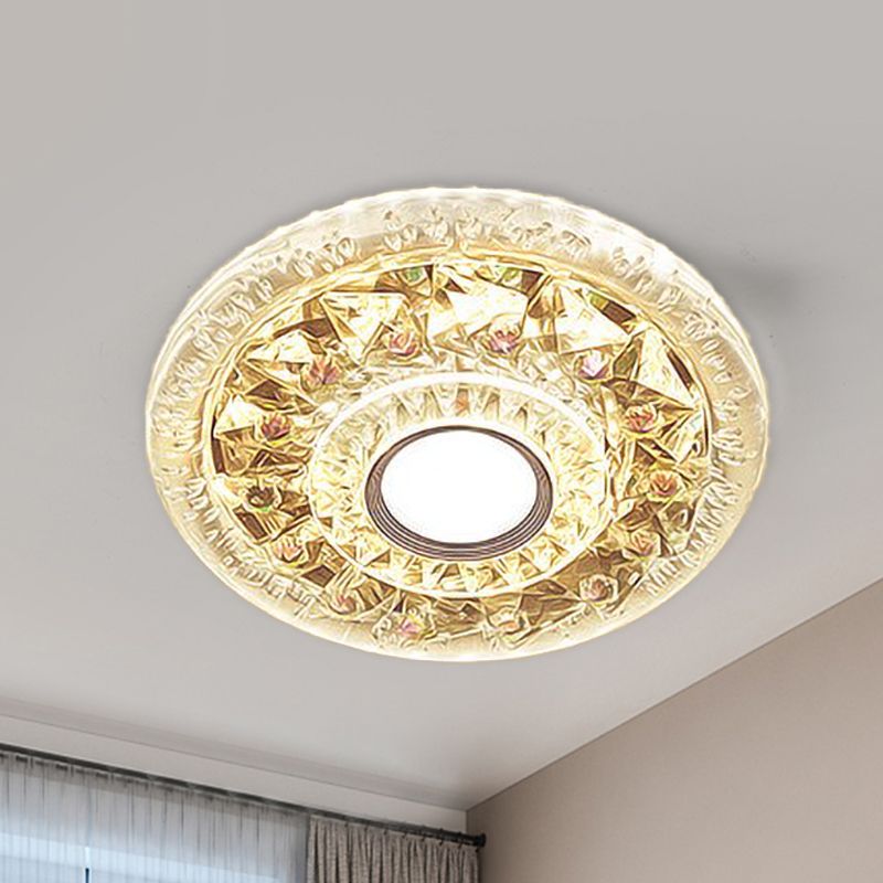 Round Mini LED Flushmount Lighting Simple Clear Triangle-Cut Crystal Flush Mount Ceiling Fixture