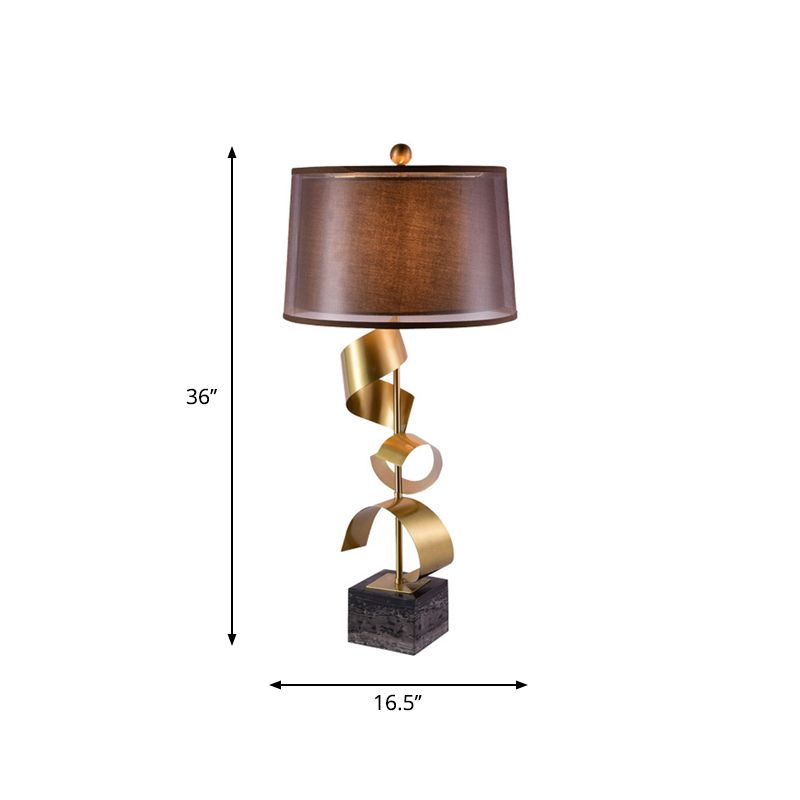 Fabric Drum Table Stand Lamp Modern 1 Head Brown Night Light with Gold Foil Decor