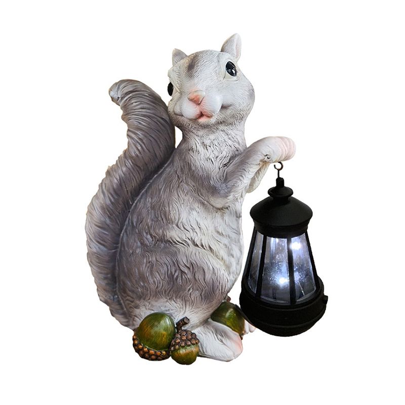 Squirrel Carrying Cone Lantern Path Light Cartoon Resin Orange/Grey Solar LED Ground Lamp for Garden