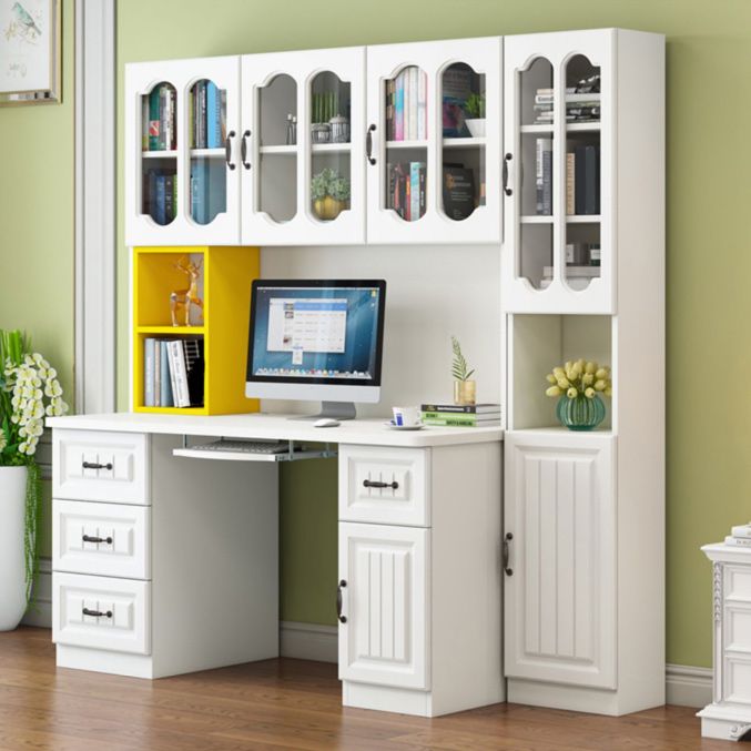 Contemporary Computer Desk with 4 Drawers and Bookshelf in Wood