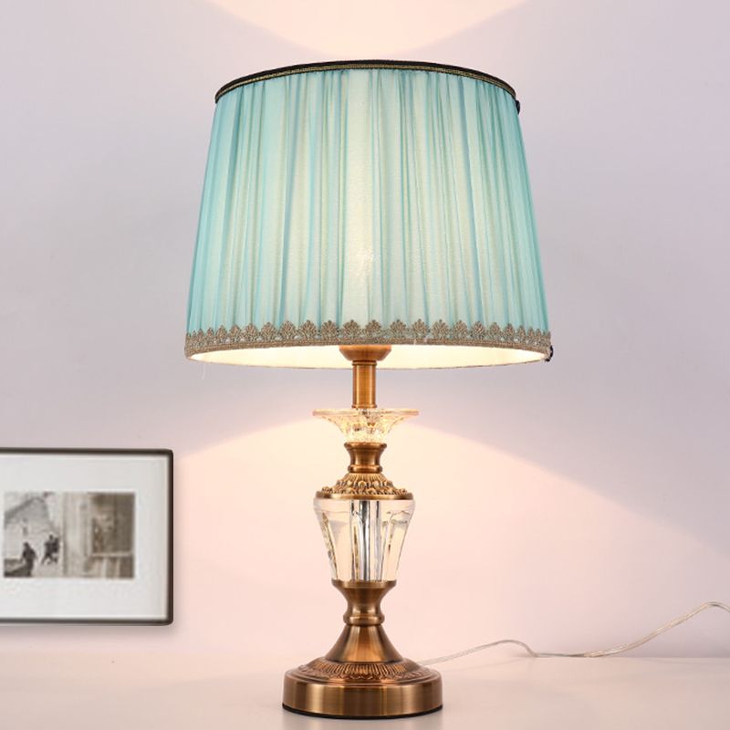 Tamburo cristallo di cristallo leggero modernismo tessuto 1 comodino lampada in blu/beige