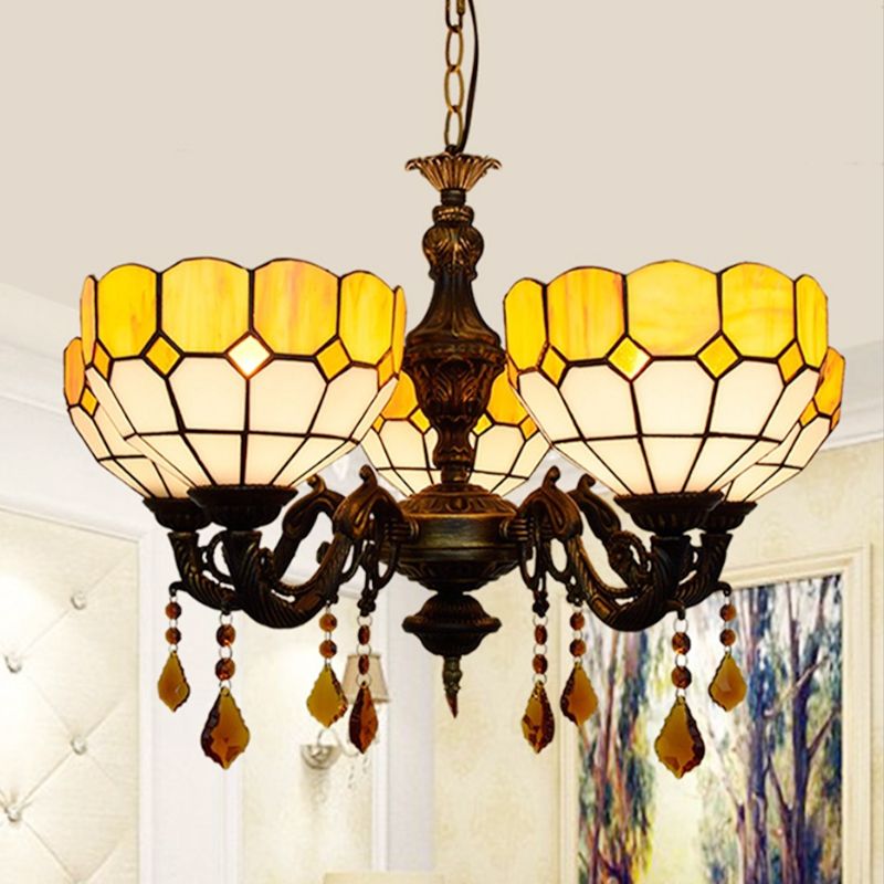 5 Heads Bowl Glass Shade Chandelier Rustic Chandelier Light with Crystal in Yellow for Dining Room