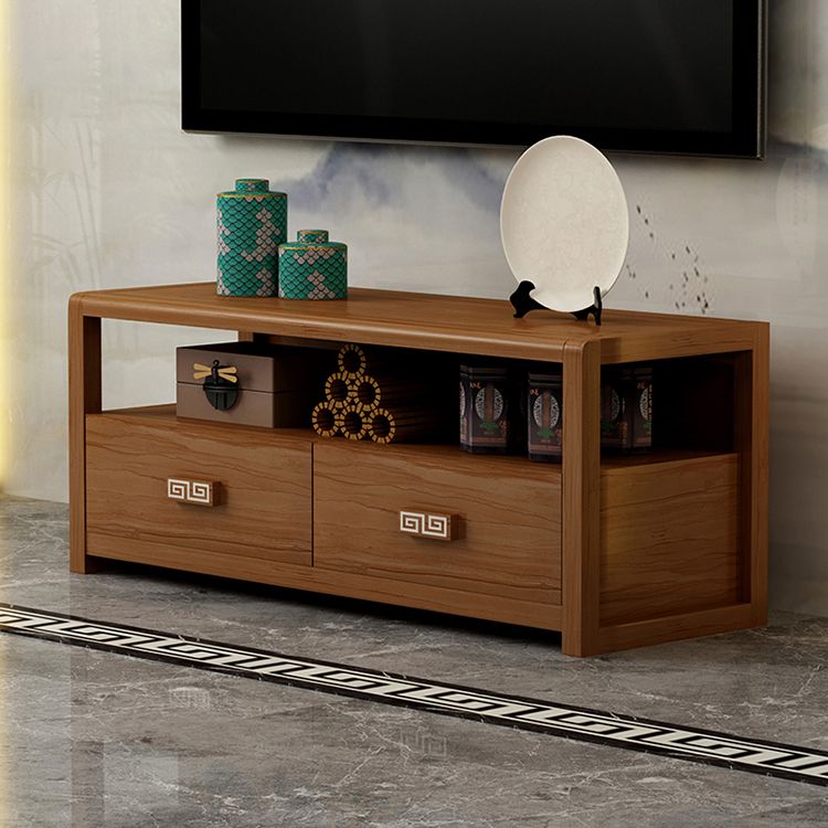 Brown Rubber Wood TV Stand Contemporary Style TV Cabinet with 2 Drawers