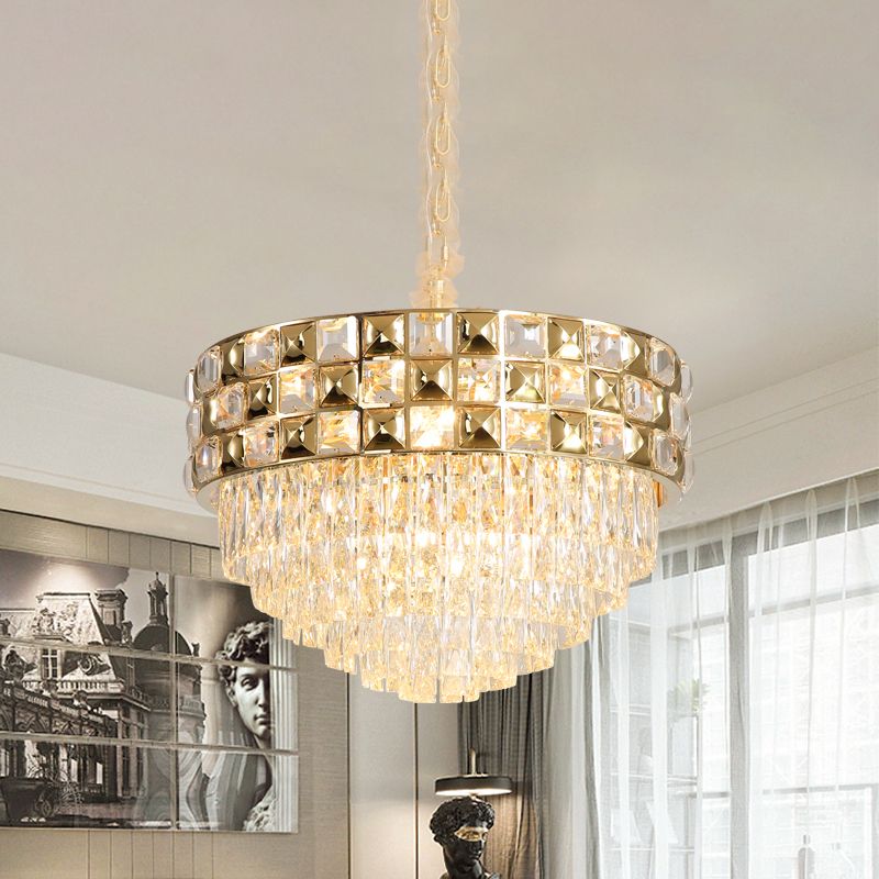 Gold 14-Bulb Pendant Light Postmodern Clear Crystal Tiered Round Chandelier Lamp for Bedroom