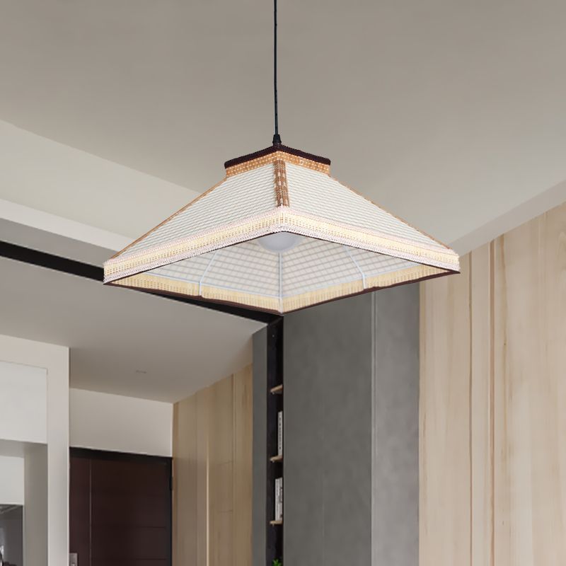 Chinese Pyramid Hanging Ceiling Light Bamboo/Rattan 1 Light Restaurant Pendant Lamp in White/Ivory/Brown