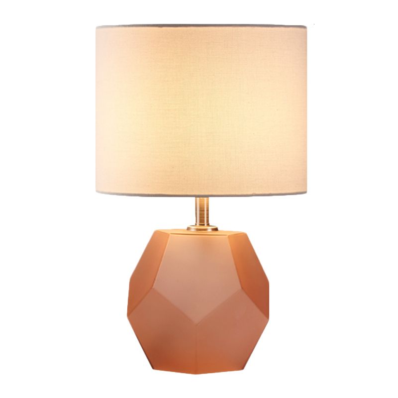 Single-Bulb 3D Hexagon Table Lamp Modern Grey/Pink/Yellow Glass Night Light with Drum Fabric Shade